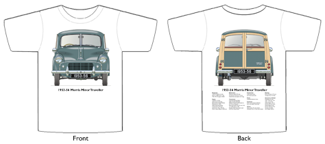 Morris Minor Traveller Series II 1953-56 T-shirt Front & Back